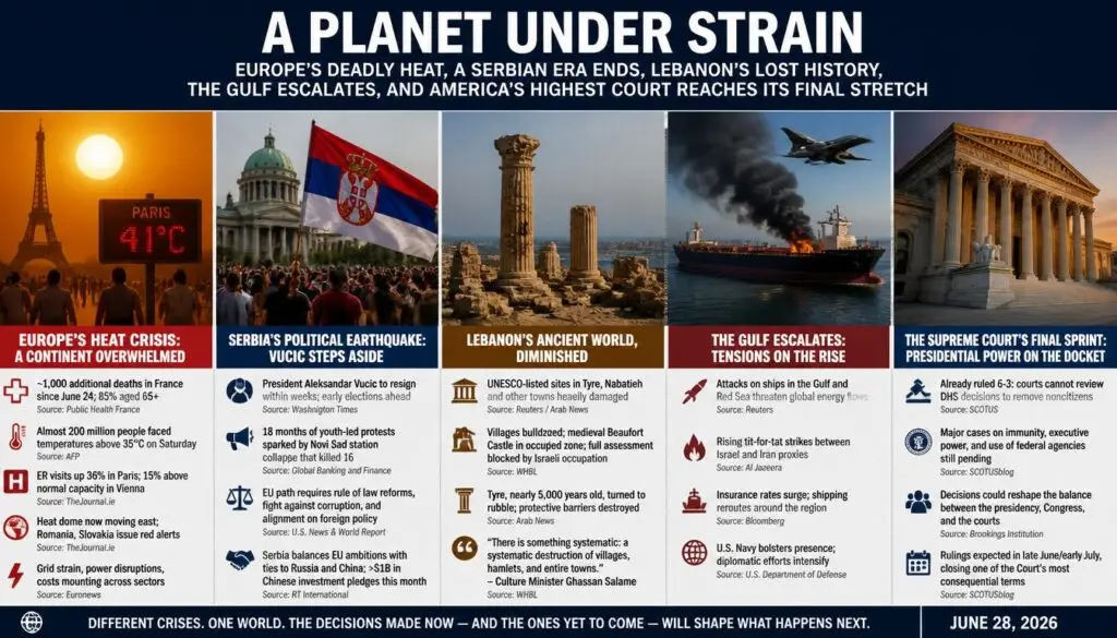 A Planet Under Strain Europe's Deadly Heat, a Serbian Era Ends, Lebanon's Lost History, the Gulf Escalates, and America's Highest Court Reaches Its Final Stretch