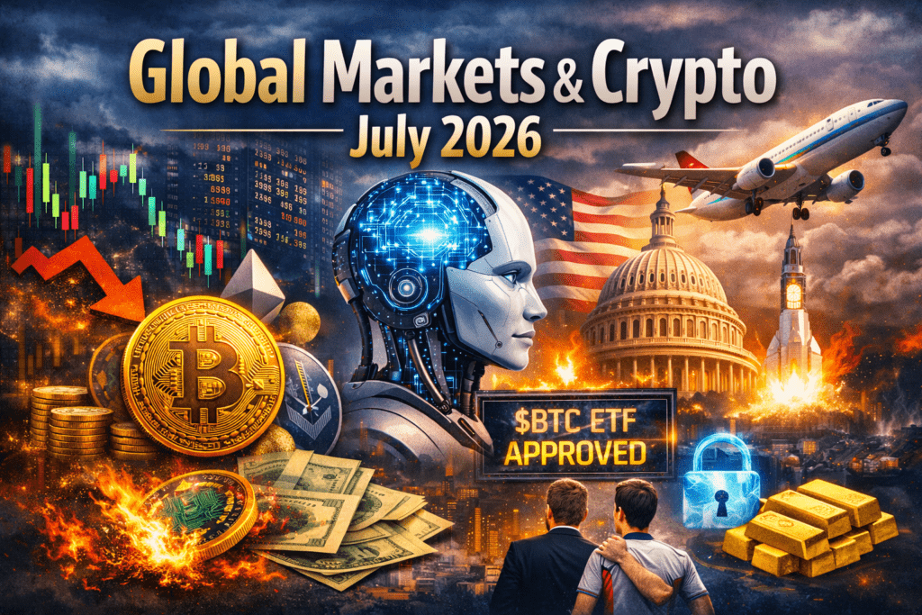 Robô dourado de inteligência artificial segurando moedas de Bitcoin com gráficos financeiros de mercado ao fundo.