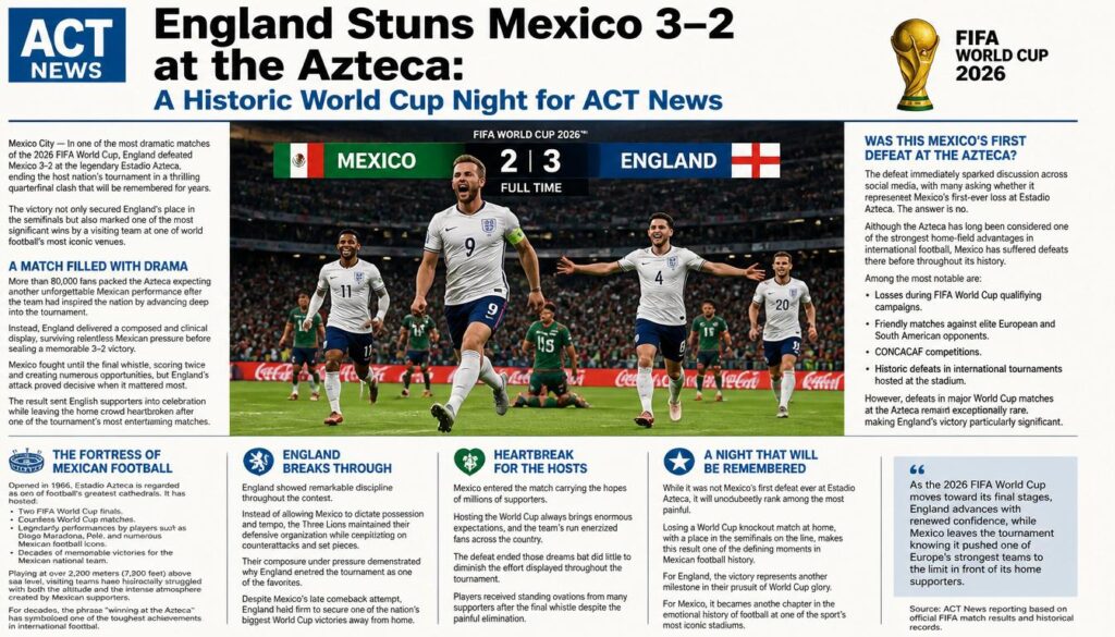 England Stuns Mexico 3–2 at the Azteca: A Historic World Cup Night for ACT News